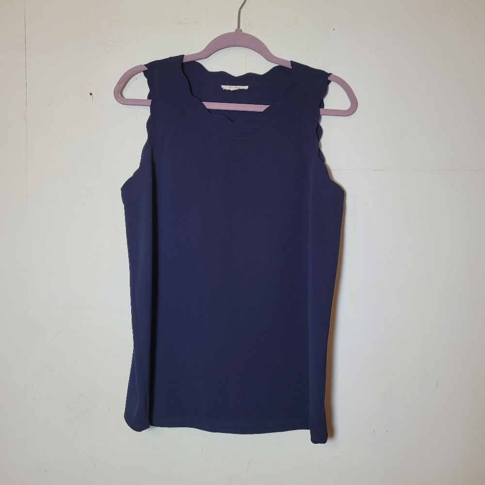 Pleione Navy Blue Sleeveless Scalloped Top Size Small